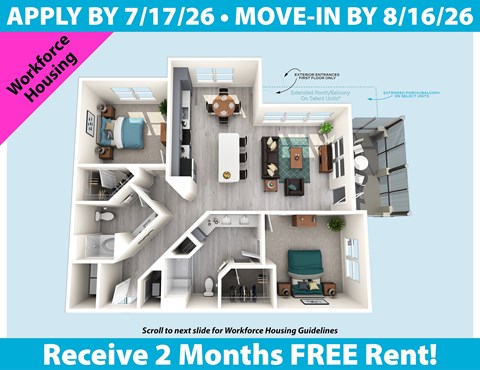 Floor plan for 2 beds, 2 baths, 1166 sqft